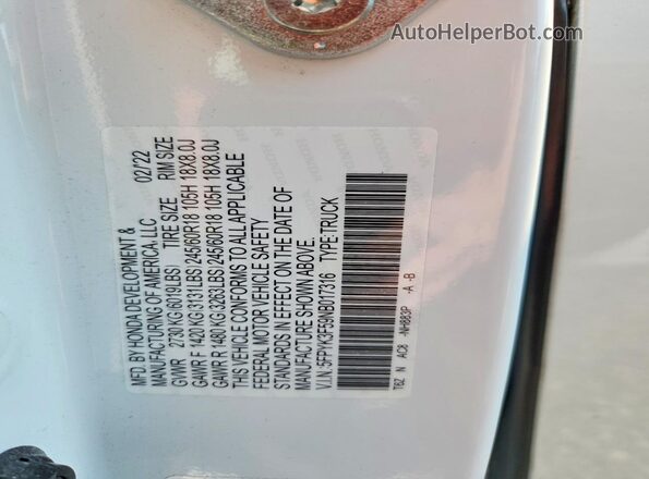 5FPYK3F59NB017316 2022 HONDA RIDGELINE White VIN կոդի պիտակի տեսք