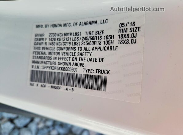 5FPYK3F5XKB005901 2019 HONDA RIDGELINE Белый 