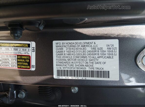 5FPYK3F5XTB034929 2026 HONDA RIDGELINE Gray Вид підкапотного простору