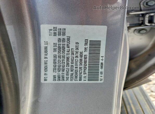 5FPYK3F62HB019079 2017 HONDA RIDGELINE Gray VIN კოდის სტიკერის ხედი