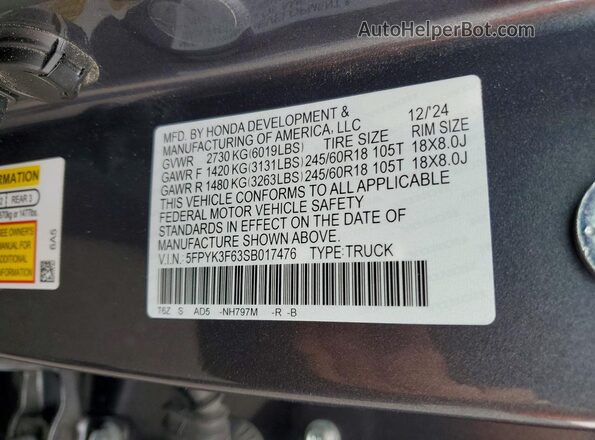 5FPYK3F63SB017476 2025 HONDA RIDGELINE Gray Вид підкапотного простору