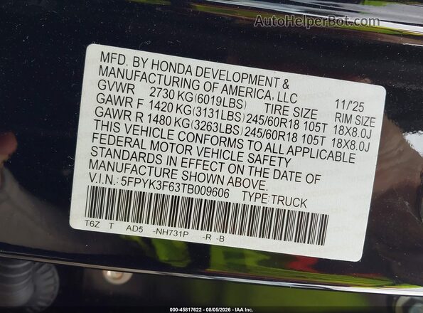 5FPYK3F63TB009606 2026 HONDA RIDGELINE Black Engine compartment view