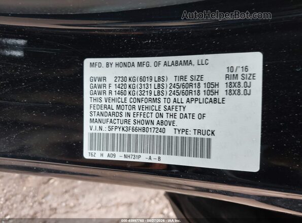 5FPYK3F66HB017240 2017 HONDA RIDGELINE Black Вид підкапотного простору