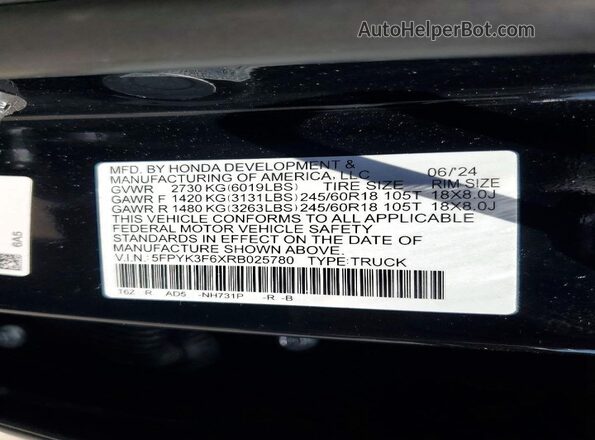 5FPYK3F6XRB025780 2024 HONDA RIDGELINE Black Vista de la etiqueta del VIN