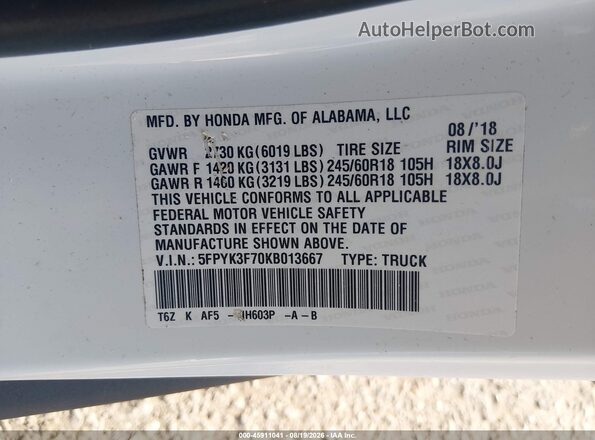 5FPYK3F70KB013667 2019 HONDA RIDGELINE Белый Вид подкапотного пространства