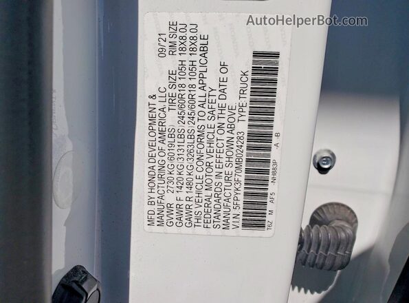 5FPYK3F70MB024283 2021 HONDA RIDGELINE White Engine compartment view