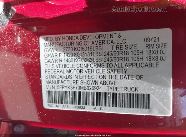 5FPYK3F70MB026924 2021 HONDA RIDGELINE Red Widok komory silnika