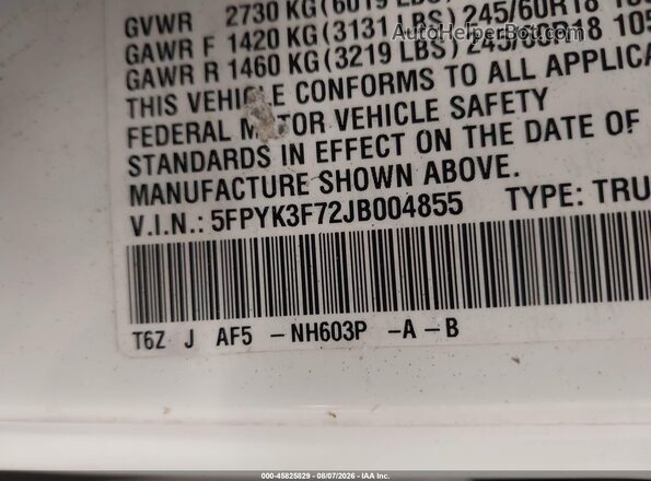 5FPYK3F72JB004855 2018 HONDA RIDGELINE White Вид підкапотного простору