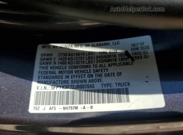 5FPYK3F72JB007643 2018 HONDA RIDGELINE Gray Widok komory silnika