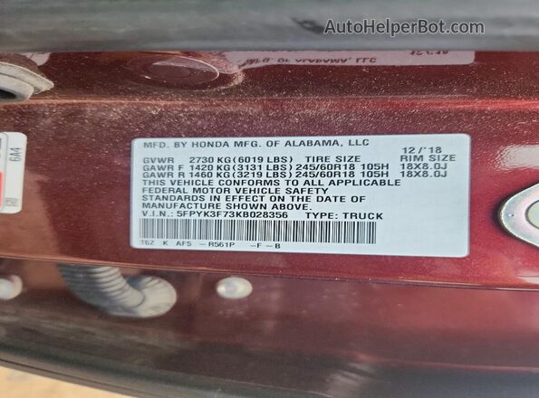 5FPYK3F73KB028356 2019 HONDA RIDGELINE Burgundy Вид підкапотного простору