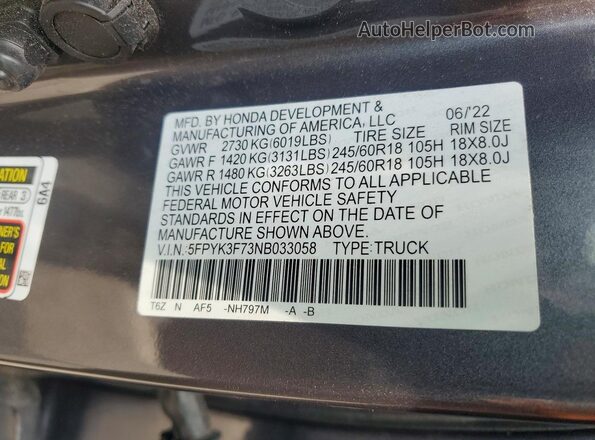 5FPYK3F73NB033058 2022 HONDA RIDGELINE Серый Вид подкапотного пространства
