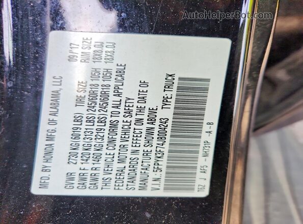 5FPYK3F74JB004243 2018 HONDA RIDGELINE Black Вид наклейки з VIN-кодом