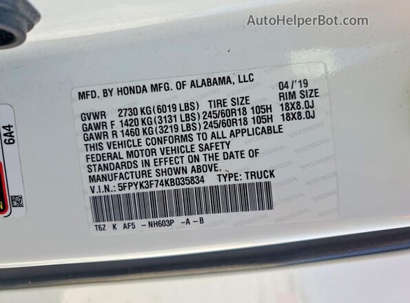 5FPYK3F74KB035834 2019 HONDA RIDGELINE White ძრავის განყოფილების ხედი
