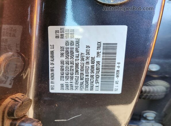 5FPYK3F74LB017349 2020 HONDA RIDGELINE Gray VIN sticker view