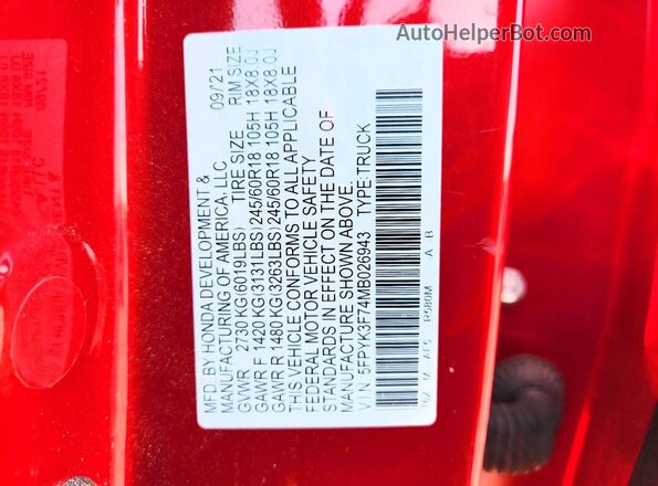 5FPYK3F74MB026943 2021 HONDA RIDGELINE Red Vista del compartimento del motor