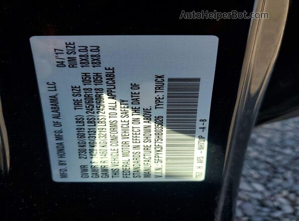 5FPYK3F75HB035026 2017 HONDA RIDGELINE Black Widok naklejki z numerem VIN