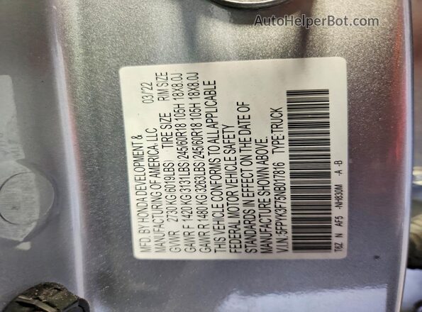 5FPYK3F75NB017816 2022 HONDA RIDGELINE Gray Vista del compartimento del motor