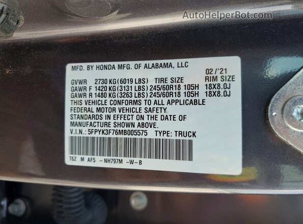 5FPYK3F76MB005575 2021 HONDA RIDGELINE Серый Вид подкапотного пространства