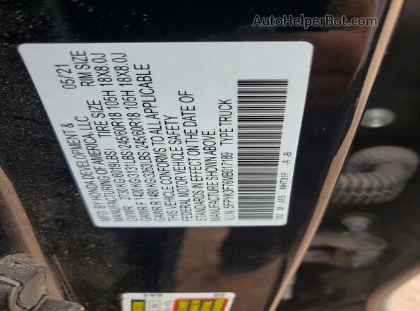5FPYK3F76MB017189 2021 HONDA RIDGELINE Черный Вид наклейки с VIN-кодом