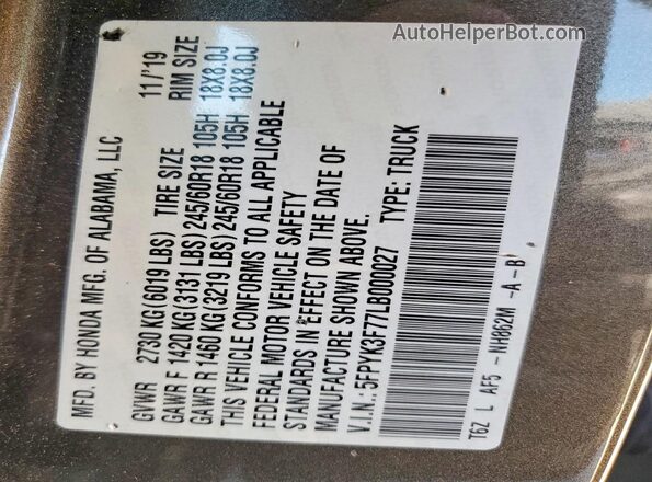 5FPYK3F77LB000027 2020 HONDA RIDGELINE Charcoal Vista del compartimento del motor