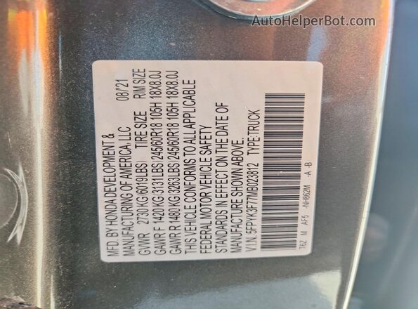 5FPYK3F77MB023812 2021 HONDA RIDGELINE Gray Շարժիչի բաժամունքի տեսք