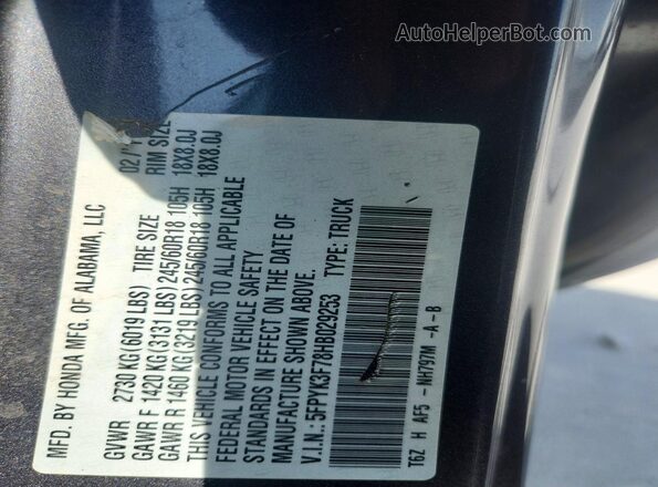 5FPYK3F78HB029253 2017 HONDA RIDGELINE Gray Вид підкапотного простору