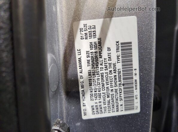 5FPYK3F78LB002921 2020 HONDA RIDGELINE Серый Вид подкапотного пространства