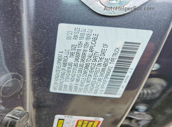 5FPYK3F78PB043412 2023 HONDA RIDGELINE Gray VIN sticker view