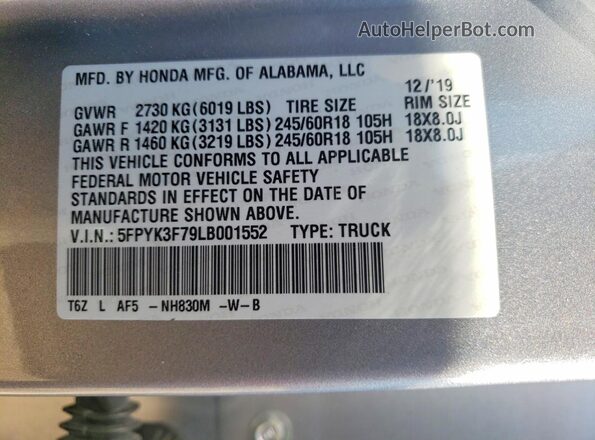 5FPYK3F79LB001552 2020 HONDA RIDGELINE Silver Вид підкапотного простору