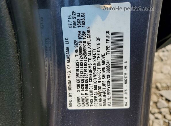 5FPYK3F7XHB008341 2017 HONDA RIDGELINE Gray Widok naklejki z numerem VIN