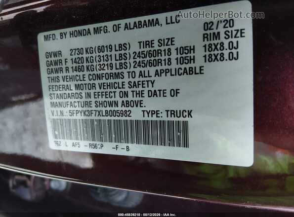 5FPYK3F7XLB005982 2020 HONDA RIDGELINE Burgundy ძრავის განყოფილების ხედი