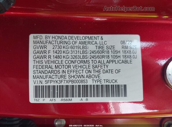 5FPYK3F7XPB000853 2023 HONDA RIDGELINE Red ძრავის განყოფილების ხედი