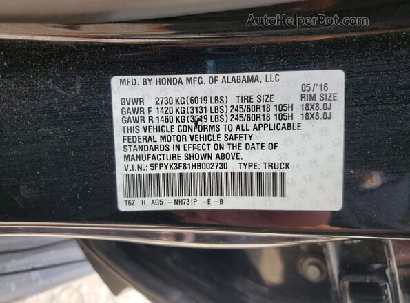 5FPYK3F81HB002730 2017 HONDA RIDGELINE Black Вид підкапотного простору