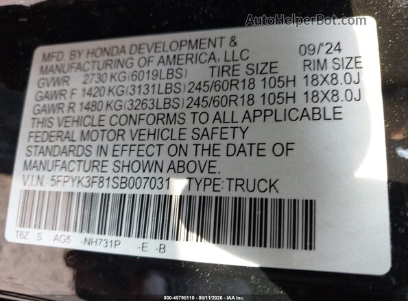 5FPYK3F81SB007031 2025 HONDA RIDGELINE Black Вид підкапотного простору