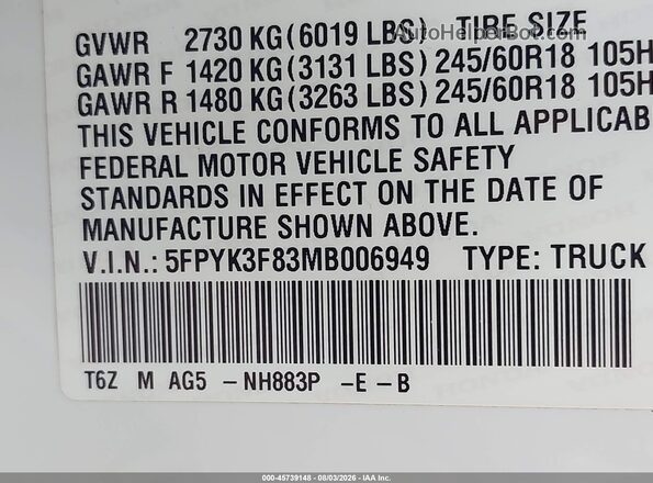 5FPYK3F83MB006949 2021 HONDA RIDGELINE White Widok komory silnika