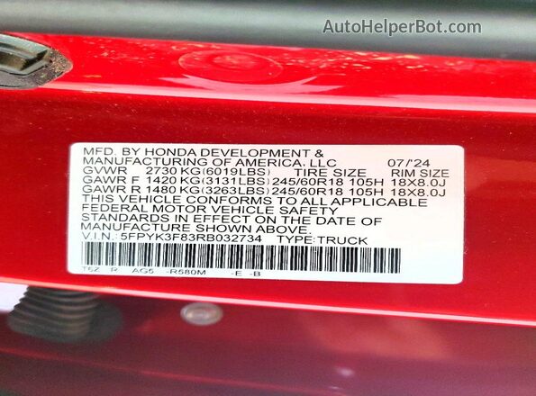 5FPYK3F83RB032734 2024 HONDA RIDGELINE Red VIN sticker view