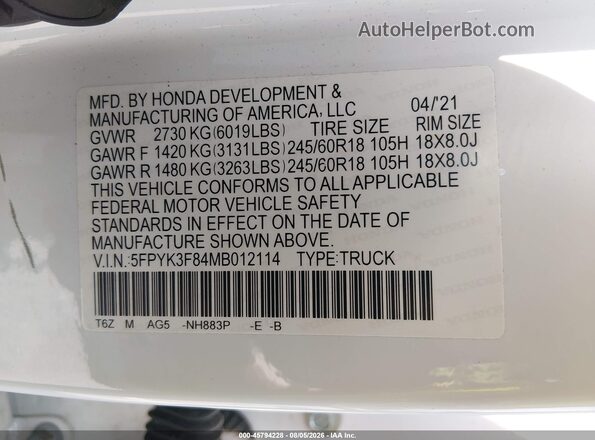 5FPYK3F84MB012114 2021 HONDA RIDGELINE White Widok komory silnika