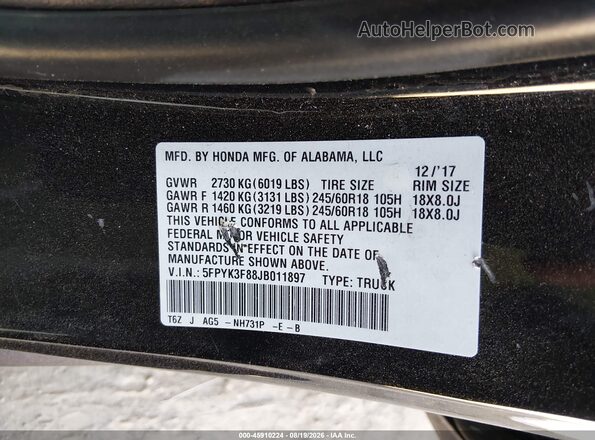 5FPYK3F88JB011897 2018 HONDA RIDGELINE Black ძრავის განყოფილების ხედი