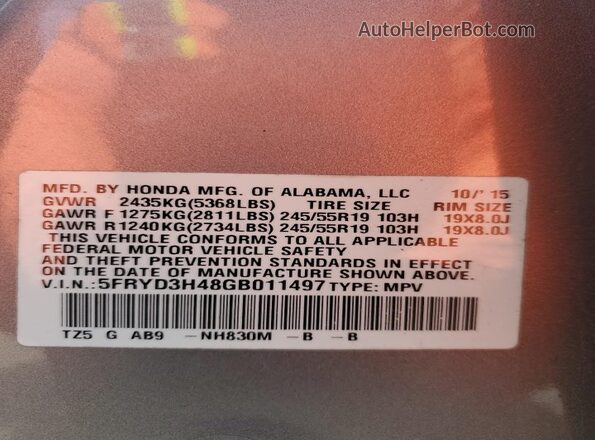 5FRYD3H48GB011497 2016 ACURA MDX Silver Widok naklejki z numerem VIN