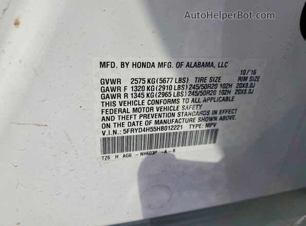 5FRYD4H55HB012221 2017 ACURA MDX White Вид наклейки з VIN-кодом