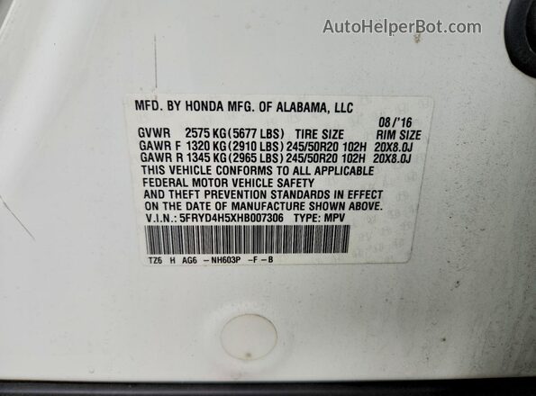 5FRYD4H5XHB007306 2017 ACURA MDX White Vista interior de 360 grados