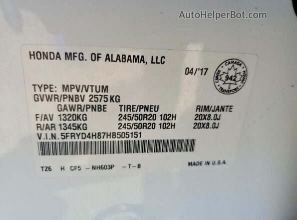 5FRYD4H87HB505151 2017 ACURA MDX White Widok naklejki z numerem VIN