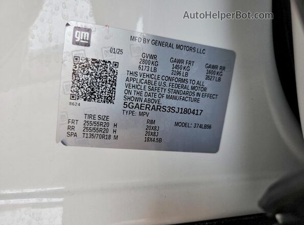 5GAERARS3SJ180417 2025 BUICK ENCLAVE Белый Вид наклейки с VIN-кодом