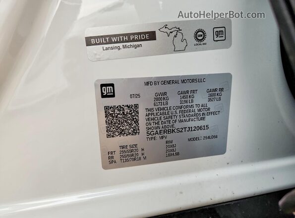 5GAERBKS2TJ120615 2026 BUICK ENCLAVE White VIN կոդի պիտակի տեսք