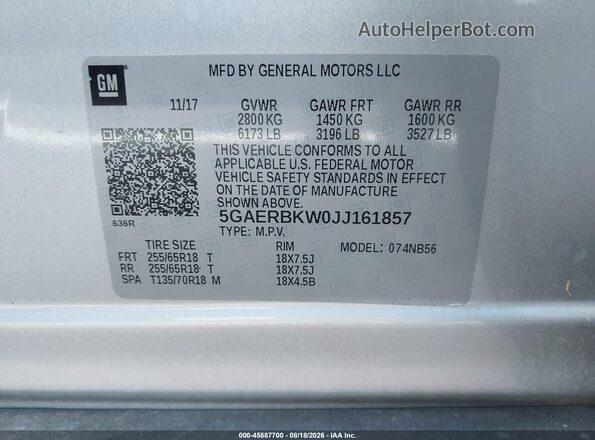 5GAERBKW0JJ161857 2018 BUICK ENCLAVE Серебряный Вид подкапотного пространства