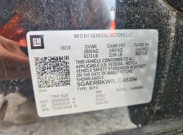 5GAERBKW0LJ145354 2020 BUICK ENCLAVE Black VIN sticker view