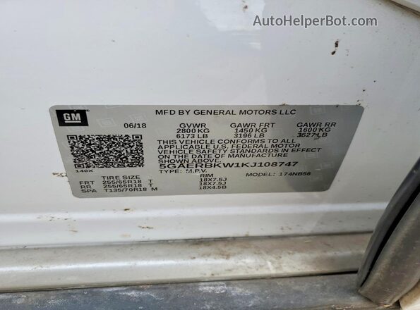 5GAERBKW1KJ108747 2019 BUICK ENCLAVE White VIN կոդի պիտակի տեսք