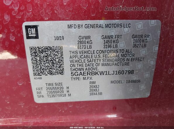 5GAERBKW1LJ160798 2020 BUICK ENCLAVE Red Engine compartment view