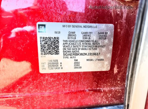 5GAERBKW2KJ319617 2019 BUICK ENCLAVE Burgundy VIN sticker view