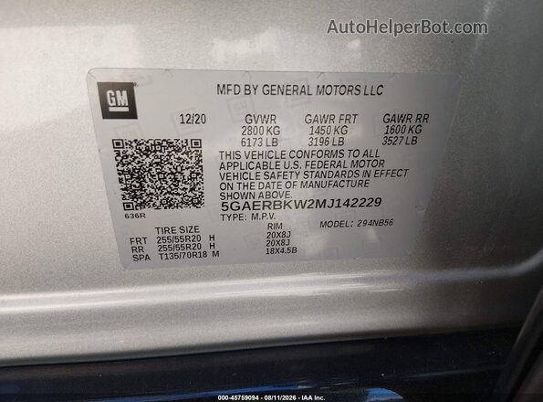 5GAERBKW2MJ142229 2021 BUICK ENCLAVE Silver Engine compartment view